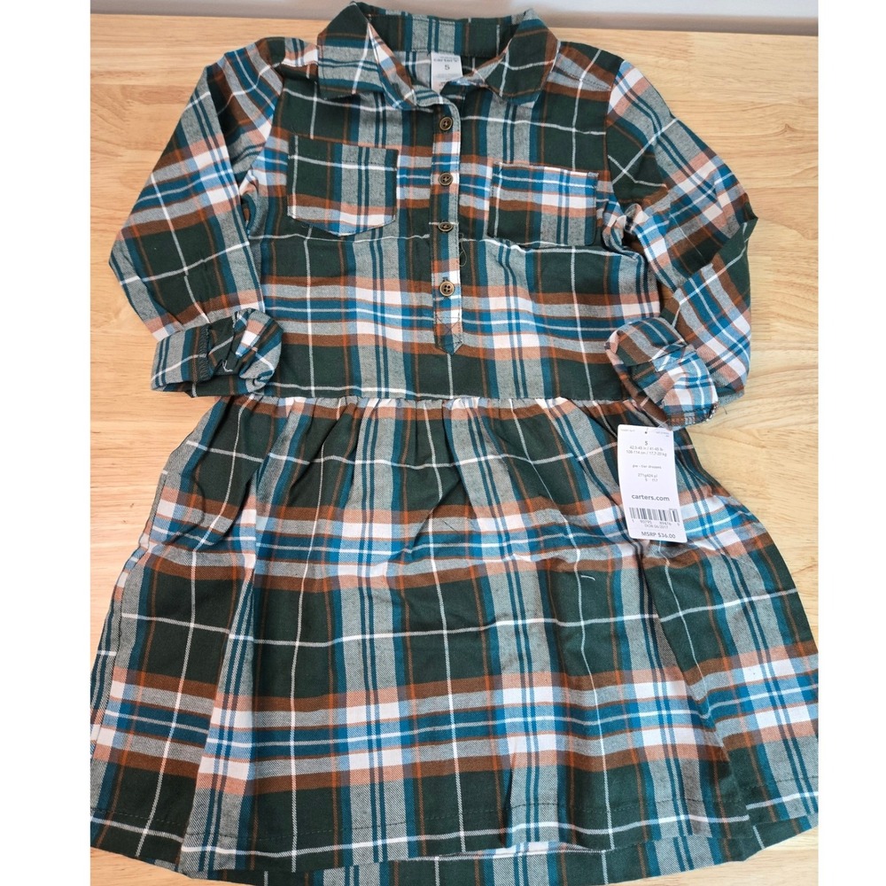 Carters Girls Green and Brown Plaid Tiered Shirt Dress Size 5 NWT 271g424
